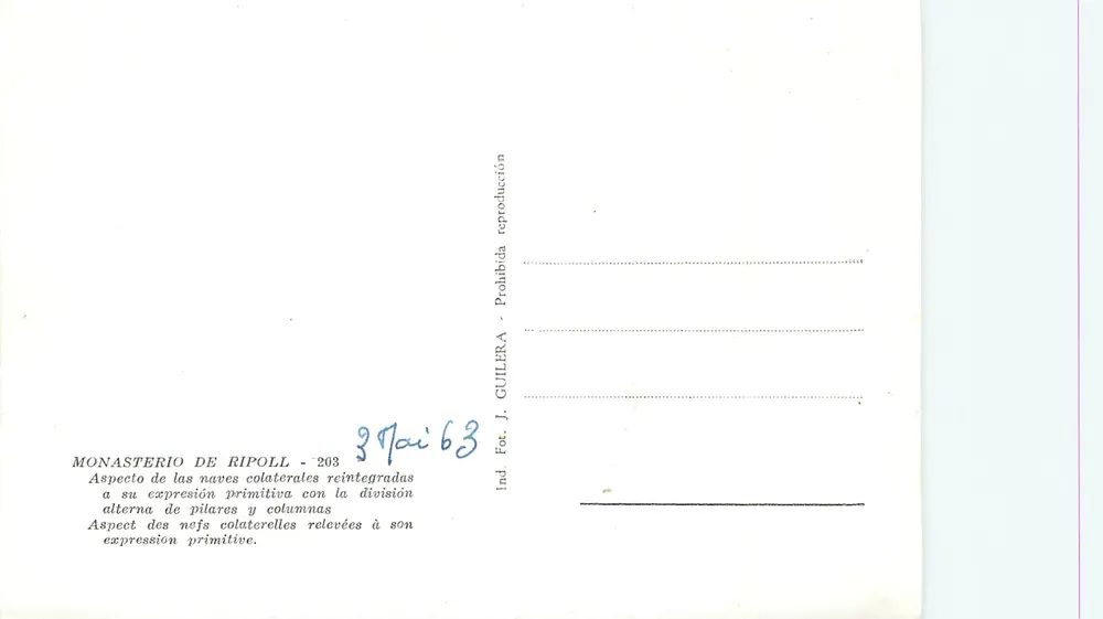 Mosteiro de Ripoll — corredores laterais com pilares e colunas alternados — J. Guilera, n° 203 - Verso