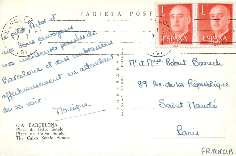 Place Calvo Sotelo — Barcelona — editor Nicolas Reuss, n° 639 - Verso