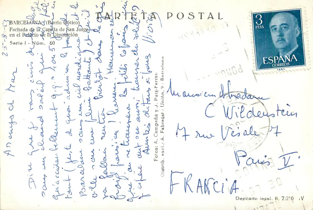 Barcelone (Barrio Gótico) — Facade de la Capilla de San Jorge dans le Palacio de la Diputación — Folios ex. A. Puga-Ferran, Série I, N° 60 - Verso