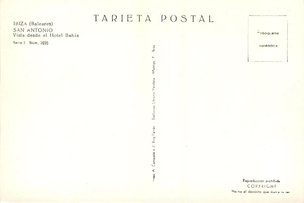 San Antonio — Ansicht vom Hotel Bahía — Tarieta Postal, Serie I n°3695 - Rückseite