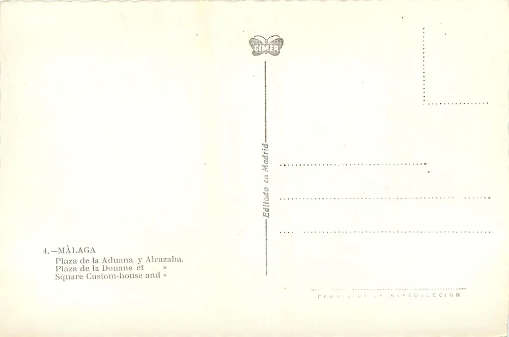 Málaga — Plaza de la Aduana e Alcazaba — Editor BIMER, Madrid - Verso