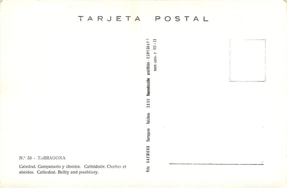 Catedral de Tarragone — campanário e absides — editor Raymond, n° 58 - Verso