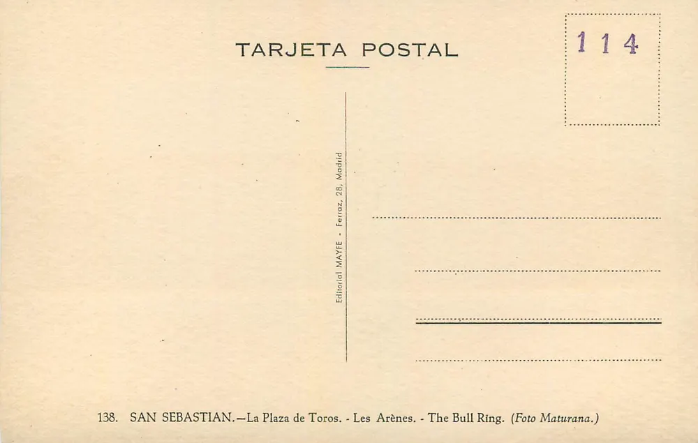 San Sebastián — Der Stierkampfplatz — Verlag MAYFE, Madrid - Rückseite