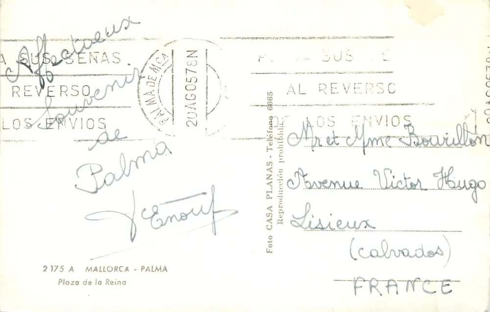 Fuente de la Plaza de la Reina — Palma de Mallorca — Editor Casa Planas, n° 2175 - Reverso