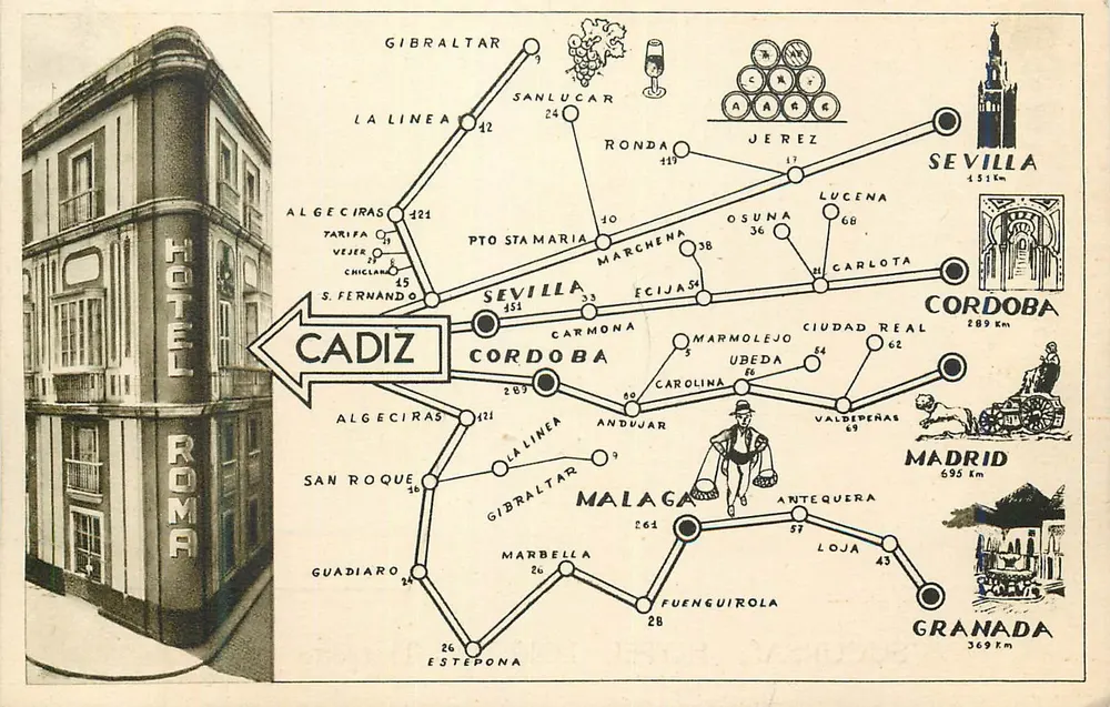 Carte postale touristique — Carte routière Andalousie — Éditeur Hotel Loreto, Vitoria - Recto