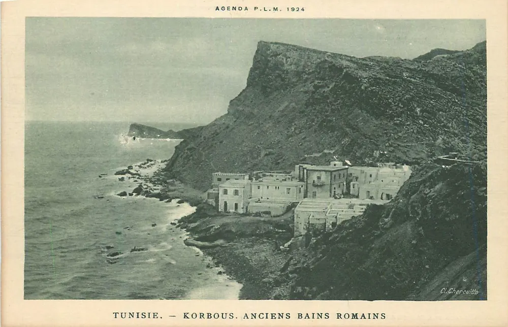 Tunisie - Korbous. Anciens Bains Romains — Agenda P.L.M. 1924, éditeur O. Chercurito - Recto
