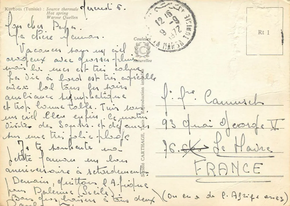 Korbous (Tunísia) — Fonte termal — Editor Couleures Naturelles, série n°1 - Verso