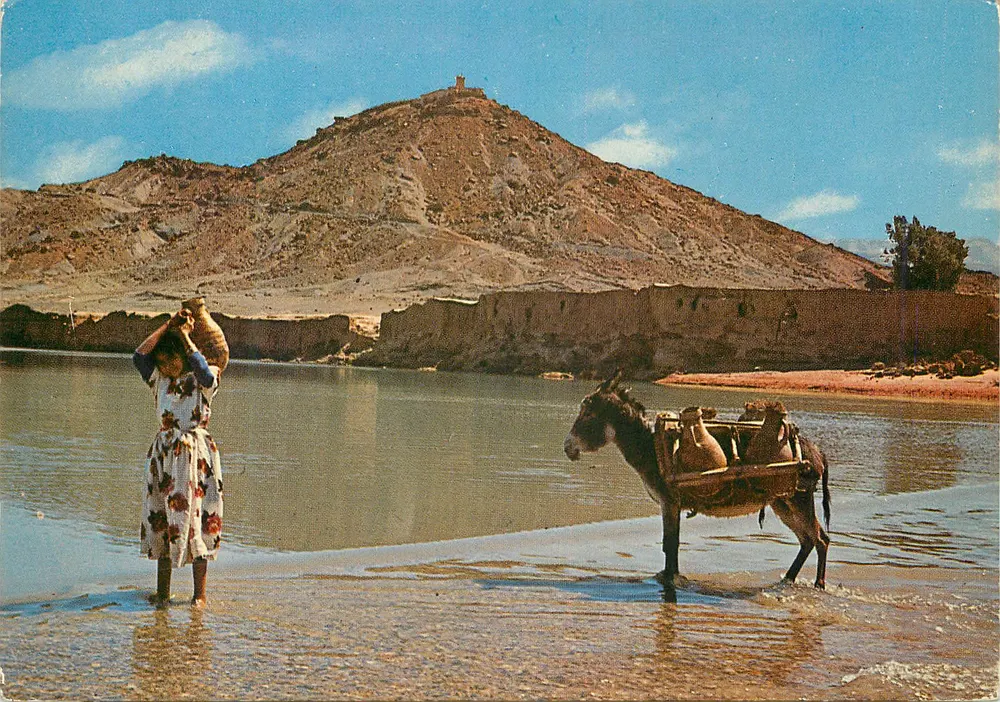 Frau und Esel am Rand eines Wasserlaufs — Erfoud, Marokko — Foto ITTAH COULEURS NATURELLES - Vorderseite