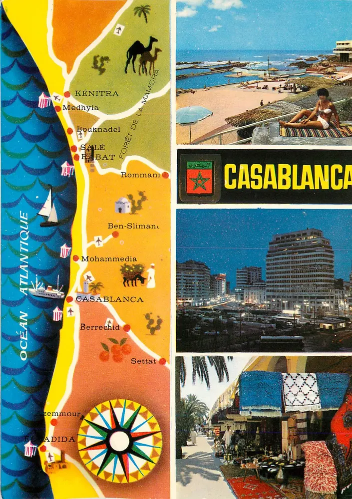 Casablanca — Carte postale touristique avec carte et photos — Éditions FISA, Barcelone - Frente