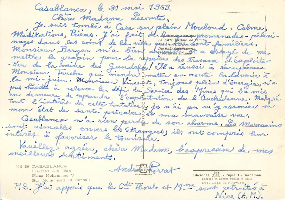Casablanca — Carte postale touristique avec carte et photos — Éditions FISA, Barcelone - Verso