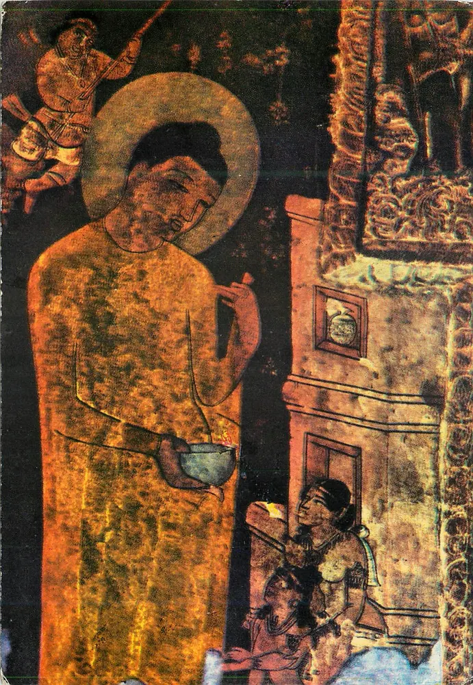 Ajanta - Cueva 17 — Madre e hijo delante del Buda — editor no visible - Anverso
