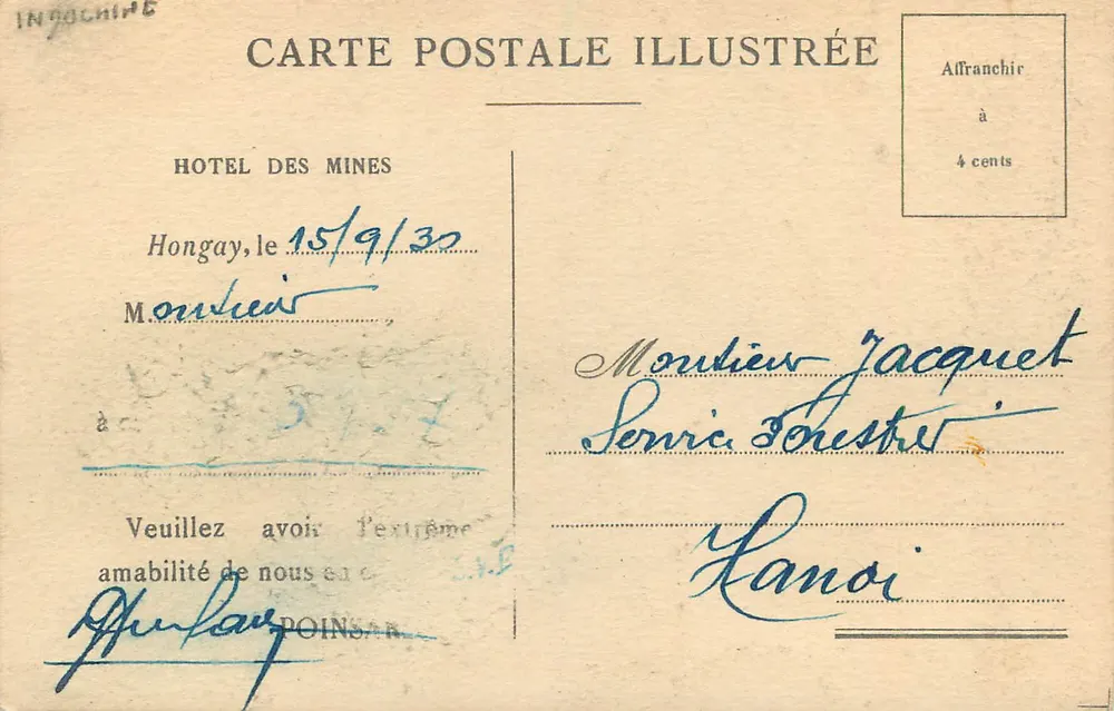 Hongay — Hotel das Minas — Carta postal ilustrada - Verso