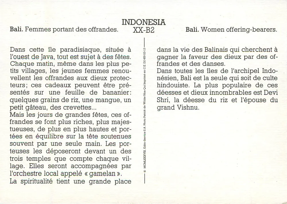 Bali. Vrouwen die offertes dragen — Indonesië, serie XX-B2 — Édito-Service S.A. - Achterkant