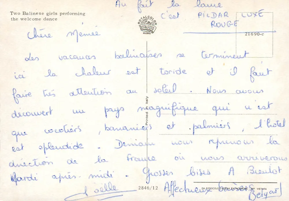 Deux jeunes Balinaises dansant la danse d'accueil — Rotalcolor Milano, n° 21690-c - Verso