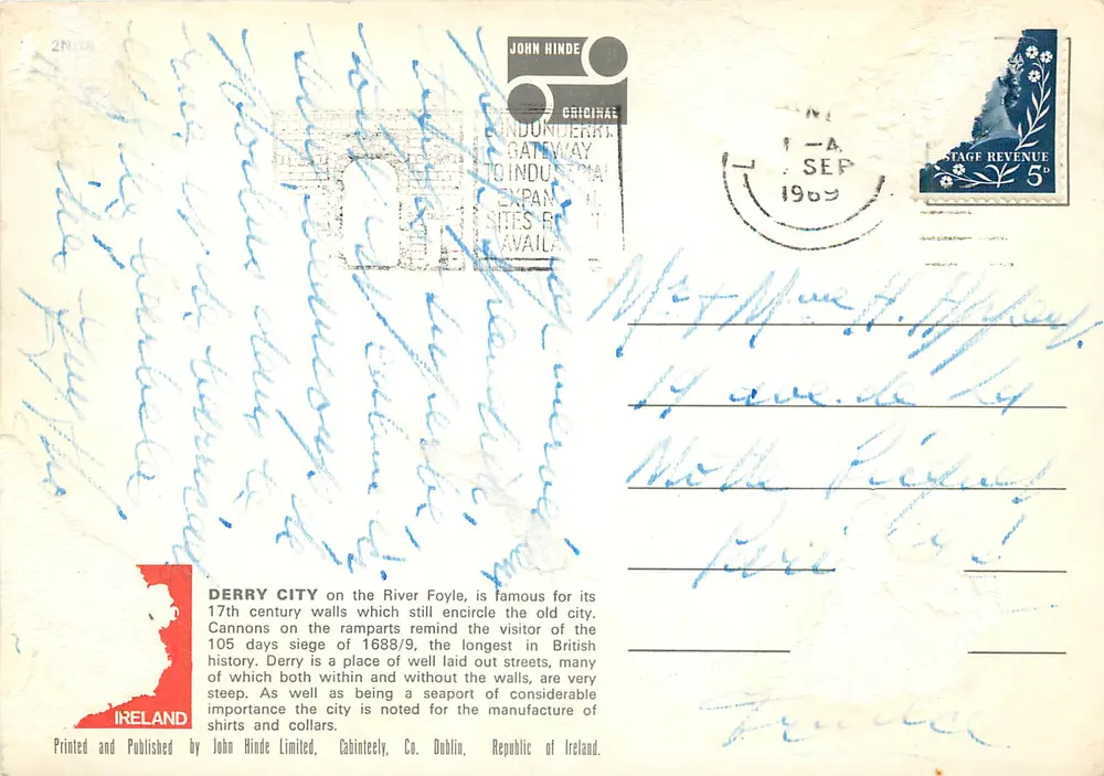 Cidade de Derry e Rio Foyle, N.I. — Foto Joan Willis, John Hinde Studios - Verso
