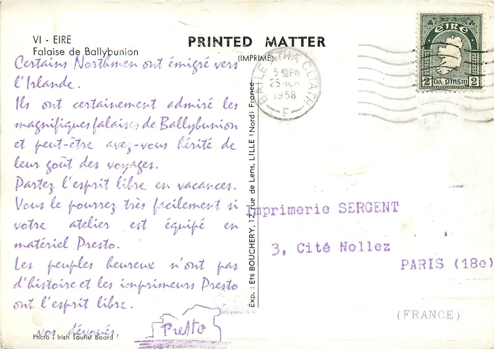 Falésia de Ballybunion — Éire — Imprensa SERGENT, Paris - Verso