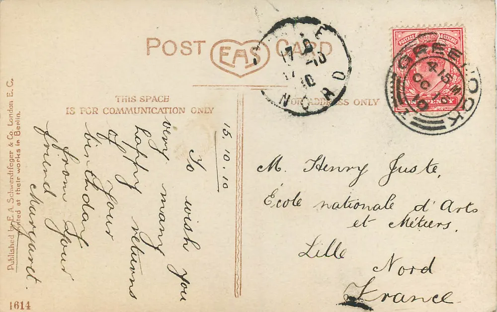 Jovem mulher com chapéu de flores — carta de aniversário — E.A. Schwendtiger & Co. London E.C. n°1614 - Verso