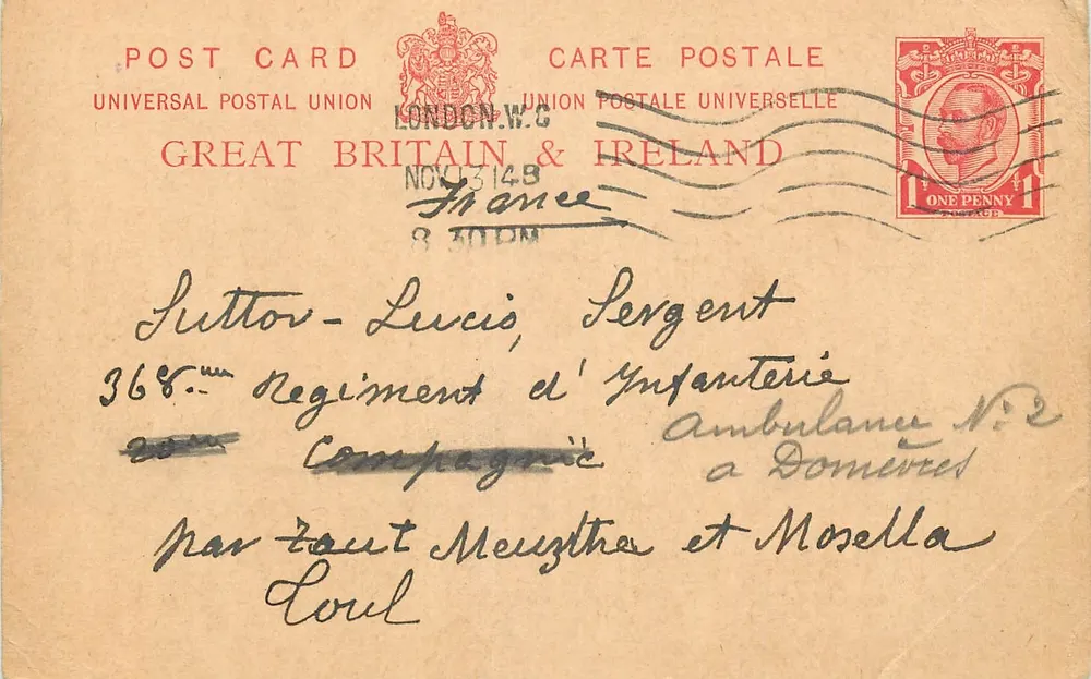 Sutter-Lucio, Sergent — 36e Régiment d'Infanterie, Ambulance N°2 à Domèrètes — Great Britain & Ireland - Recto