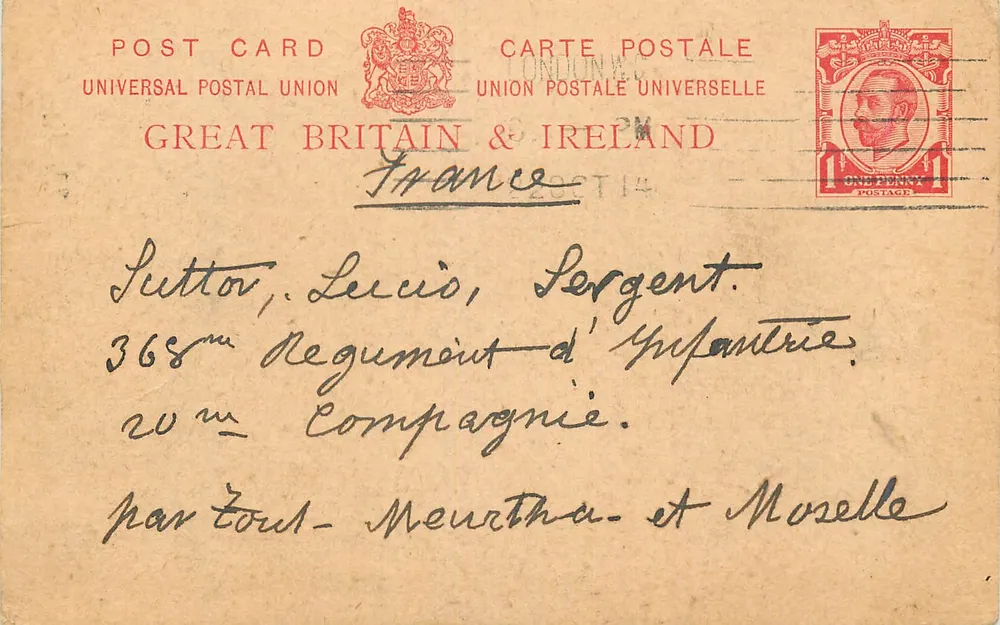 France — carte postale envoyée à un soldat en France — éditeur Universal Postal Union, Great Britain & Ireland - Recto