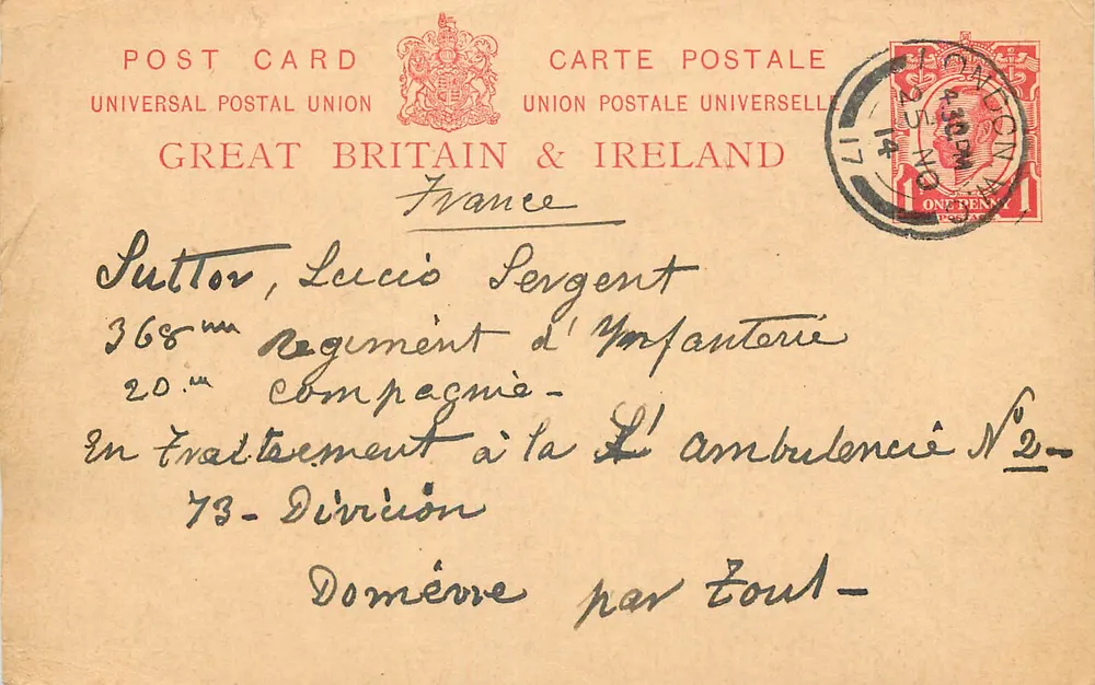 Carte postale de Londres — Grand Hotel — destinée à un soldat en traitement à l'ambulance n°2 — éditée par Great Britain & Ireland - Recto