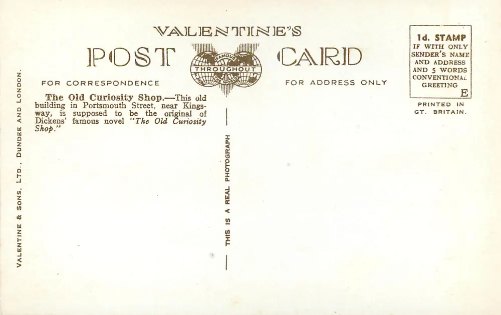 Stara pocztówka: The Old Curiosity Shop, Londyn — wydawca Valentine & Sons, Ltd. nr G.5698 - Rewers