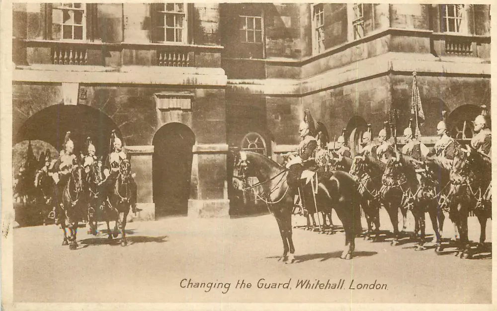 Mudança de Guardas, Whitehall, Londres — texto impresso embaixo - Frente