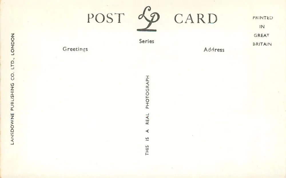 Häuser des Parlaments, London — Ansicht mit Tower Bridge und Boot — Lansdowne Publishing Co. Ltd., Serie LP.490 - Rückseite