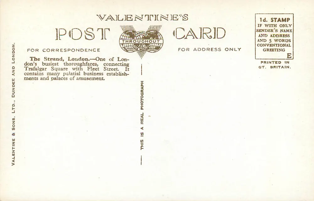 The Strand, Londres — vista animada com ônibus e monumentos — Valentine's Postcard n°209373 - Verso