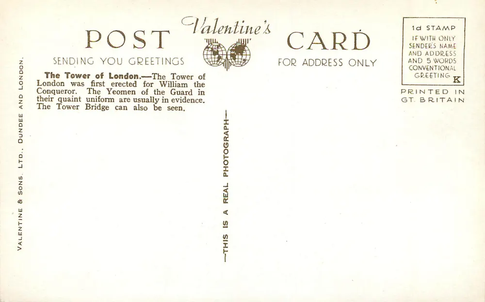 Die Tower of London und Tower Bridge, London — Valentine's & Sons Ltd. - Rückseite