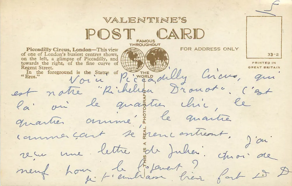Piccadilly Circus, Londres — vue de la statue d'Eros et des bâtiments Swan & Edgar — Valentine's Postcard n°33-2 - Verso