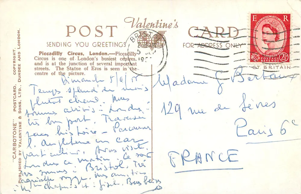 Piccadilly Circus, Londres — vista da estátua de Eros e dos ônibus duplo andar — Valentine's Postcard, n° C7692 - Verso