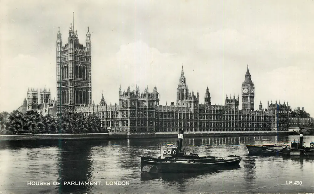 Häuser des Parlaments, London — Ansicht des Flusses mit Booten — Lansdowne Publishing Co. Ltd., Serie LP.490 - Vorderseite