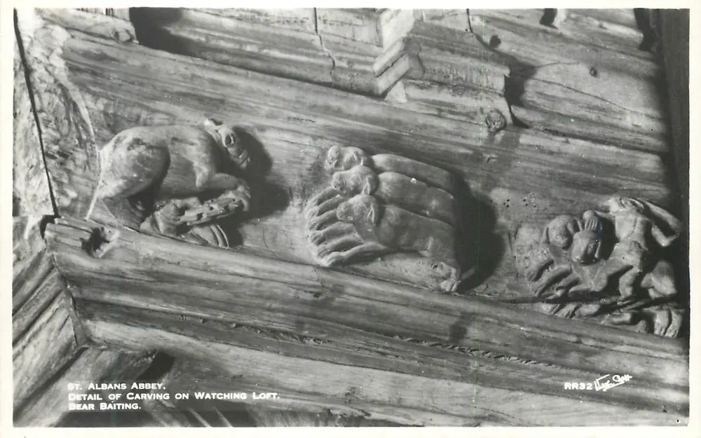 St Albans Abbey — Detail einer Skulptur auf der Wachtterrassen, die eine Bärenjagd darstellt — Verlag Bradford Scott - Vorderseite