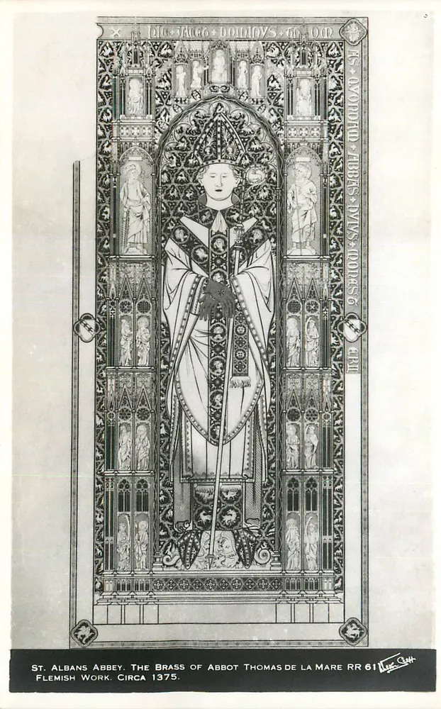 St. Albans Abbey — Le bronzes de l'abbé Thomas de La Mare — œuvre flamande vers 1375 — éditeur Real Photograph Bradford - Recto