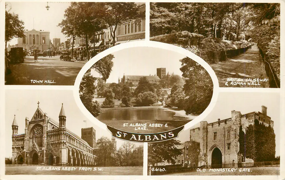 St Albans — Town Hall, Abbey, Lake, Roman Wall — Valentin & Sons Ltd, n° G.6160 - Recto