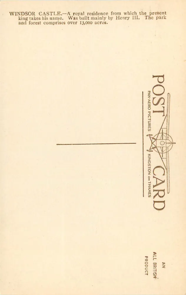 Castelo de Windsor visto do ar — Pan-Aero Pictures, Kingston-on-Thames, n°726 - Verso