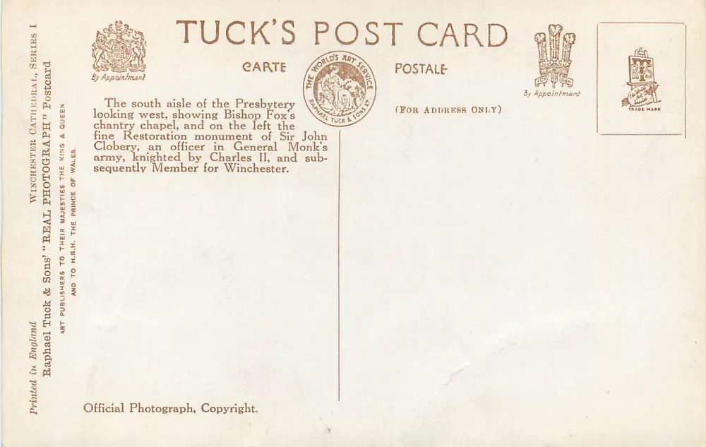 Innenraum der Kathedrale von Winchester — südliche Nave — Tuck's Post Card, Serie I - Rückseite
