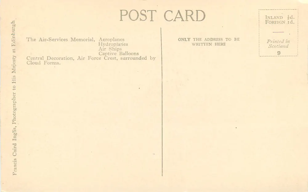 Scottish National War Memorial — Air Services Memorial — Francis Card Inglis, Edinburgh - Verso