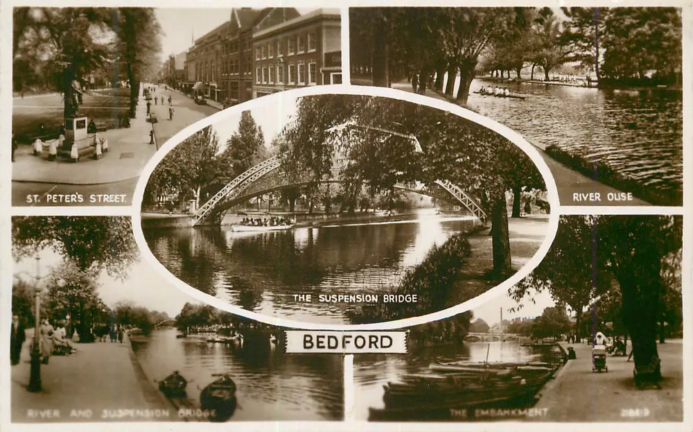 Bedford — Hängebrücke, Fluss Ouse, St. Peter's Street — Valentine's Postcard, Dundee & Sons Ltd. - Vorderseite