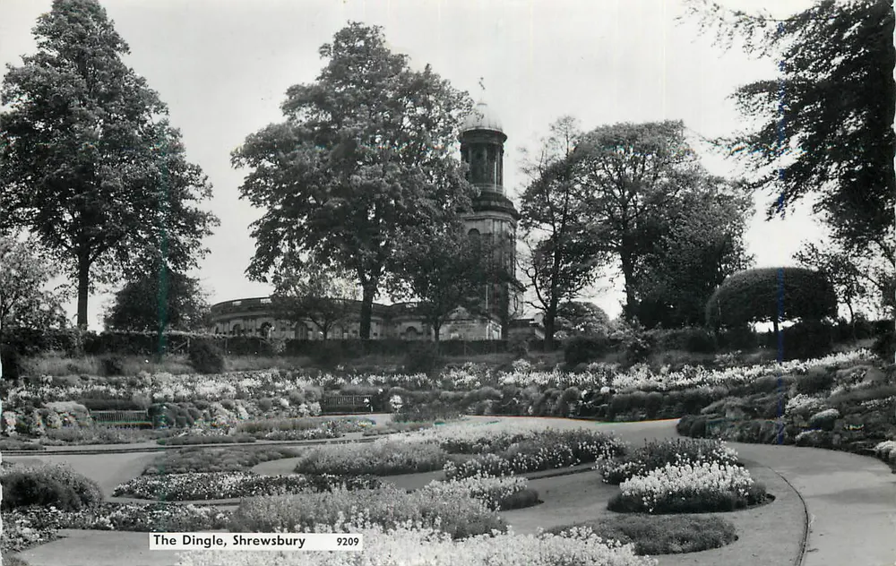 The Dingle, Shrewsbury — jardim com fonte e edifícios — editor não identificado, n° 9209 - Frente