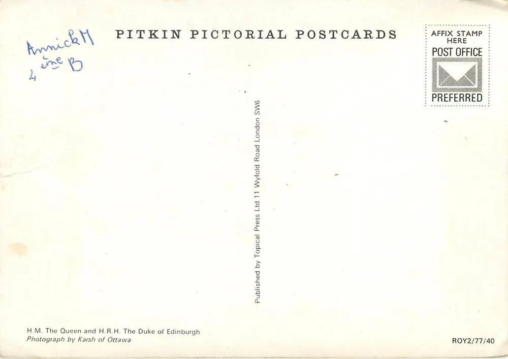 La Reine et le Duc d'Édimbourg — Photographie par Karsh d'Ottawa — Pitkin Pictorial Postcards - Rückseite