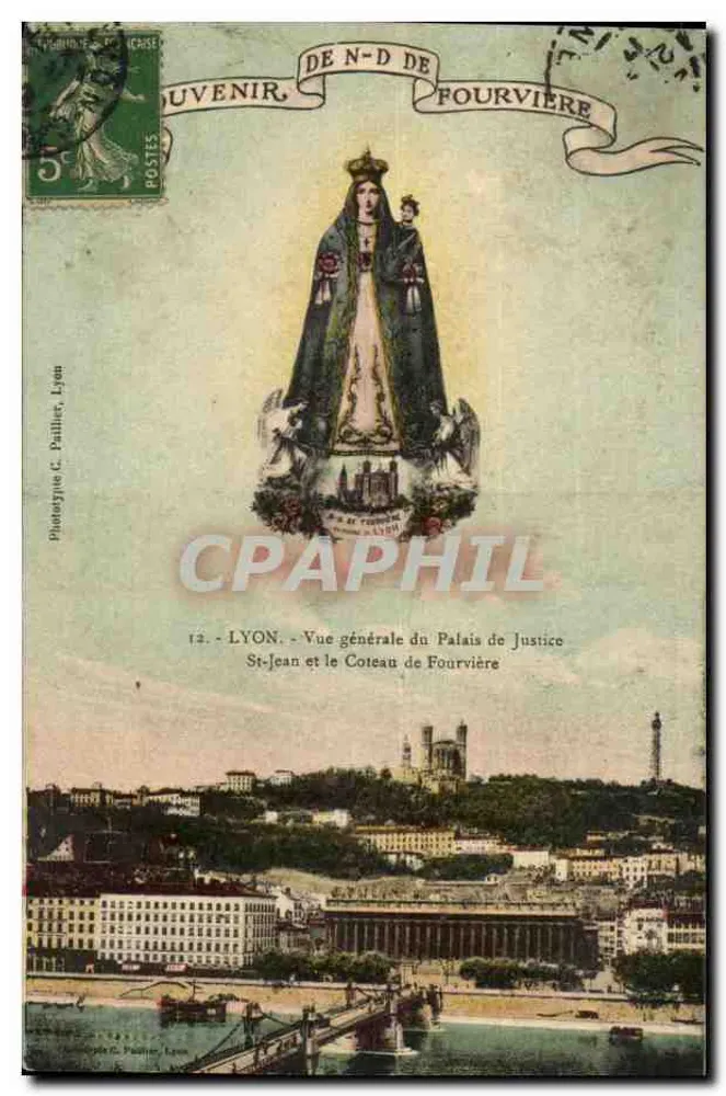 LYON - Vista geral do Palácio de Justiça, St-Jean e o Coteau de Fourvière — Fototipo G. Paillier, Lyon - Frente