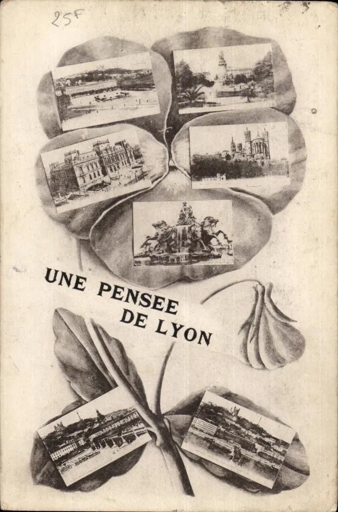 Uma lembrança de Lyon — cartão postal ilustrado com seis vistas da cidade — editor não visível - Frente