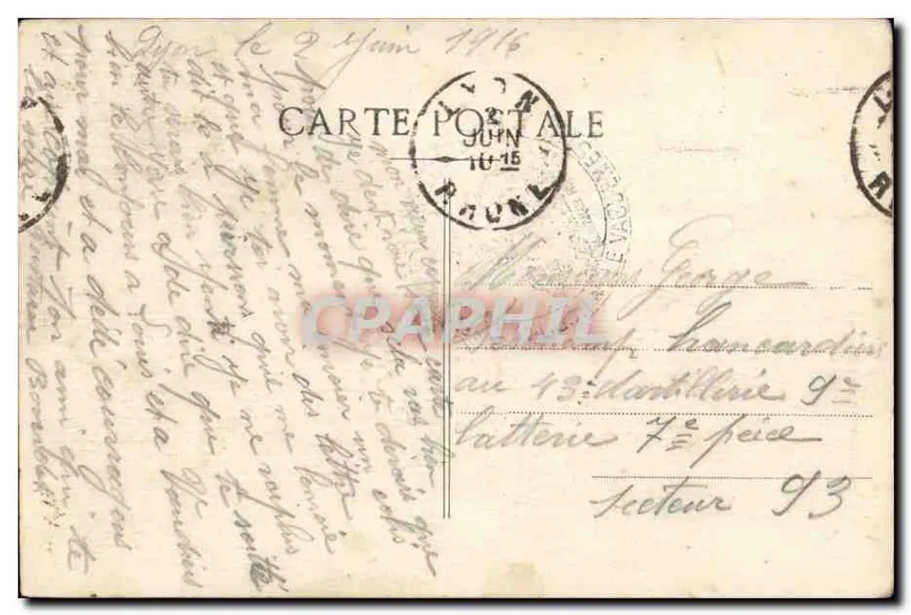 Uma lembrança de Lyon — cartão postal ilustrado com seis vistas da cidade — editor não visível - Verso