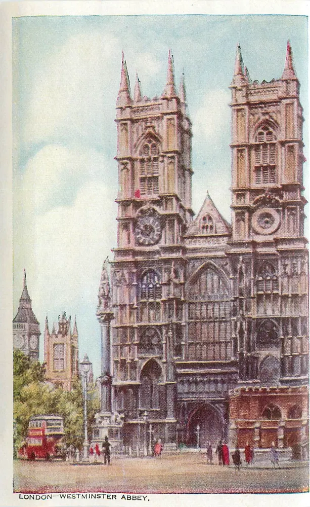 LONDON—WESTMINSTER ABBEY — widok katedry z jej wieżami i czerwonym autobusem na tle - Awers