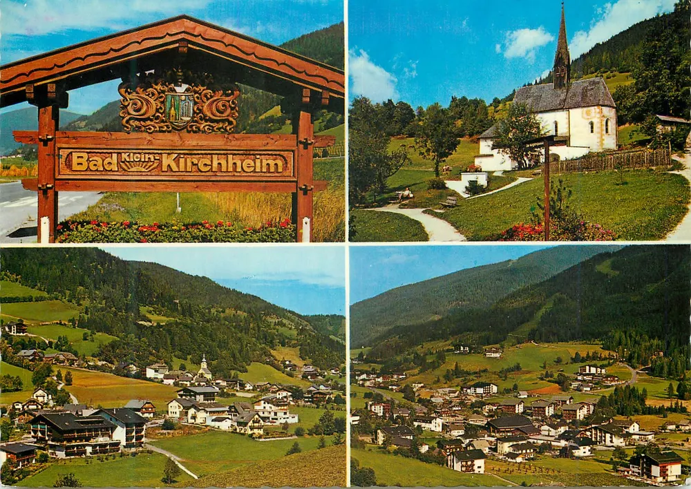 Bad Klein-Kirchheim — alpejskie wiosko z kościołem i ozdobnym wejściem — Foto H. Tollinger, nr 9873 - Awers
