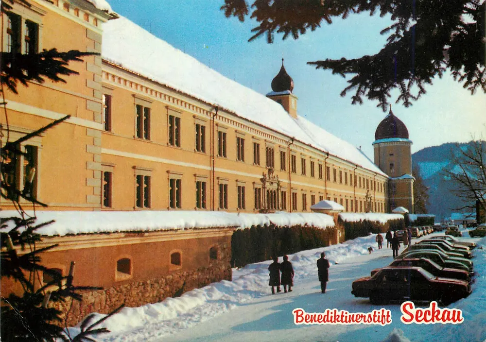 Benediktinerstift Seckau — vista invernal — Verlag F. Hubby, n° CO 8292 - Frente