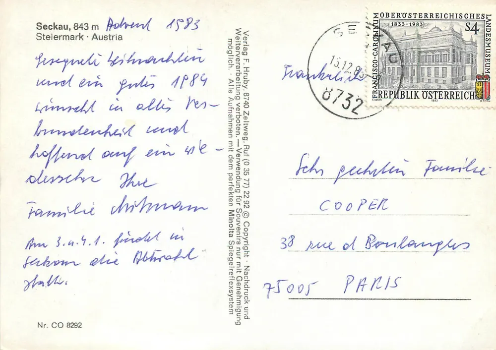 Benediktinerstift Seckau — vista invernal — Verlag F. Hubby, n° CO 8292 - Verso