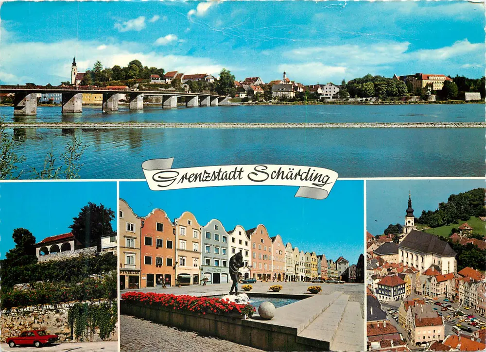 Grenzstadt Schärding — vista panorâmica com ponte, praça e igreja — Verlag Schärding - Frente