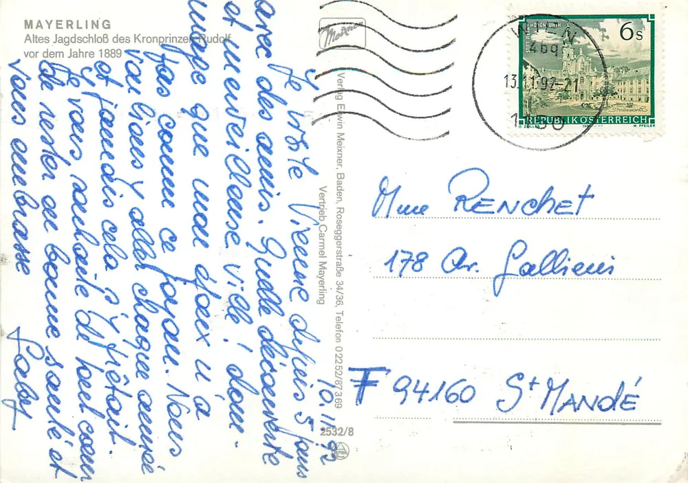 Mayerling — Velho Castelo de Caça do Príncipe Herdeiro Rudolf antes de 1889 — Verlag Ewin Meixner, Baden - Verso